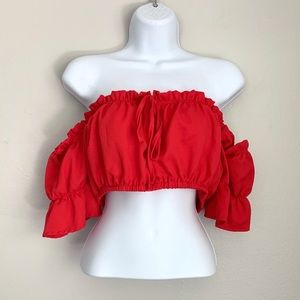 Red ruffled off shoulder crop top